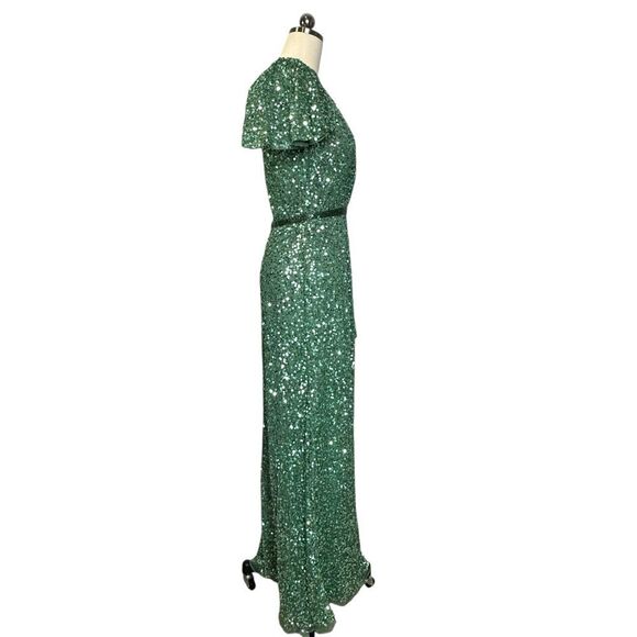 Mac Duggal Green Sequin Wrap Over Butterfly Sleeve Gown | 8 - Picture 10 of 11